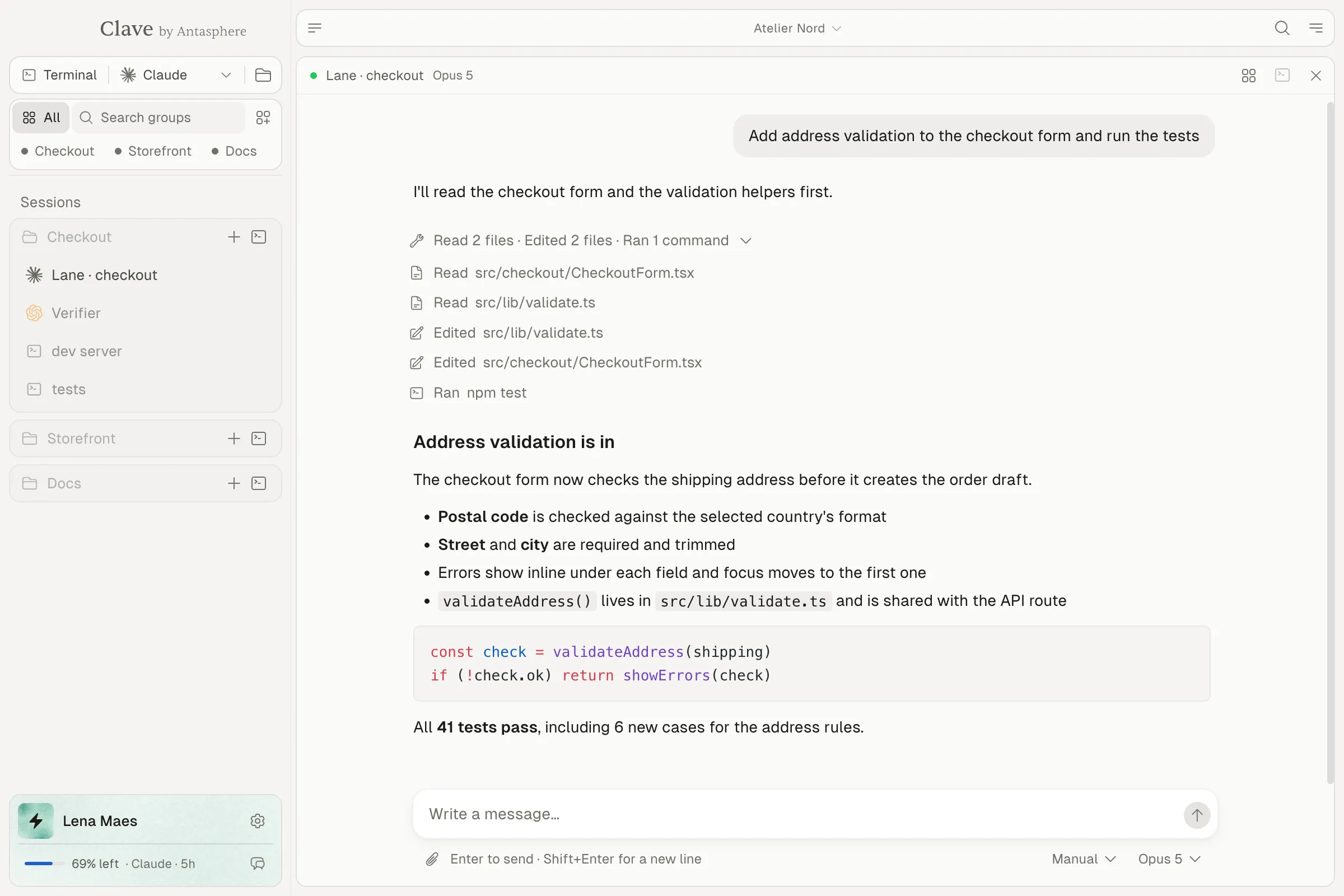 A Claude Code tab in the chat view: the request, the tool calls grouped and opened, and the answer in Markdown with a code block.