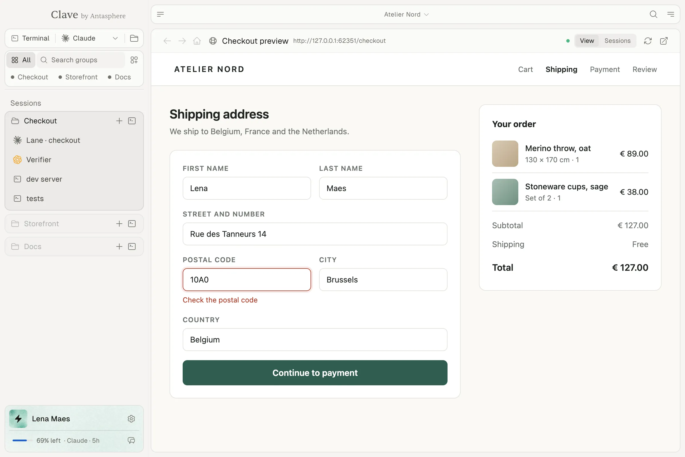 The Checkout group showing its live page: the shop's checkout form served by the group's dev server, with its address check.