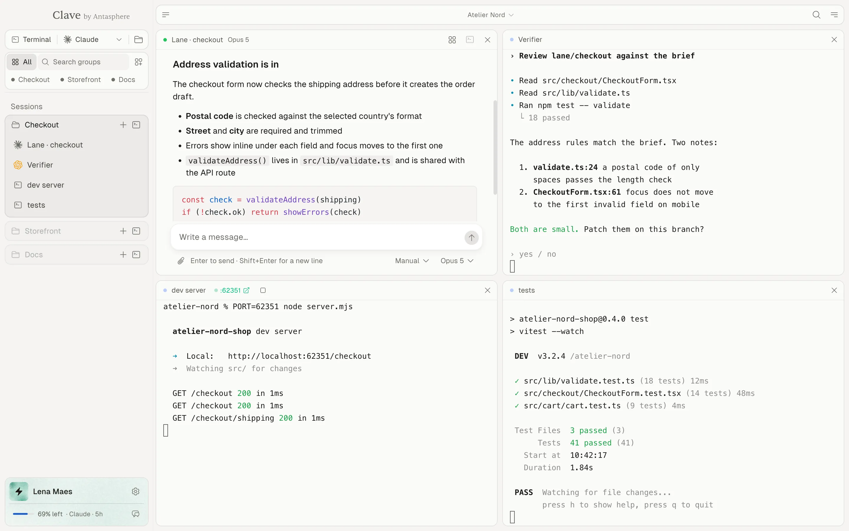 The Clave window: the Checkout group open in the sidebar, and four of its tabs side by side: a Claude Code conversation, a Codex review waiting for an answer, a dev server and a test watcher.